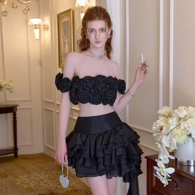 2026 New High Waist Black Flowy Asymmetric Tiered Ruffle Skirt Summer Lightweight Breathable Fashion Hot Sale Any Color