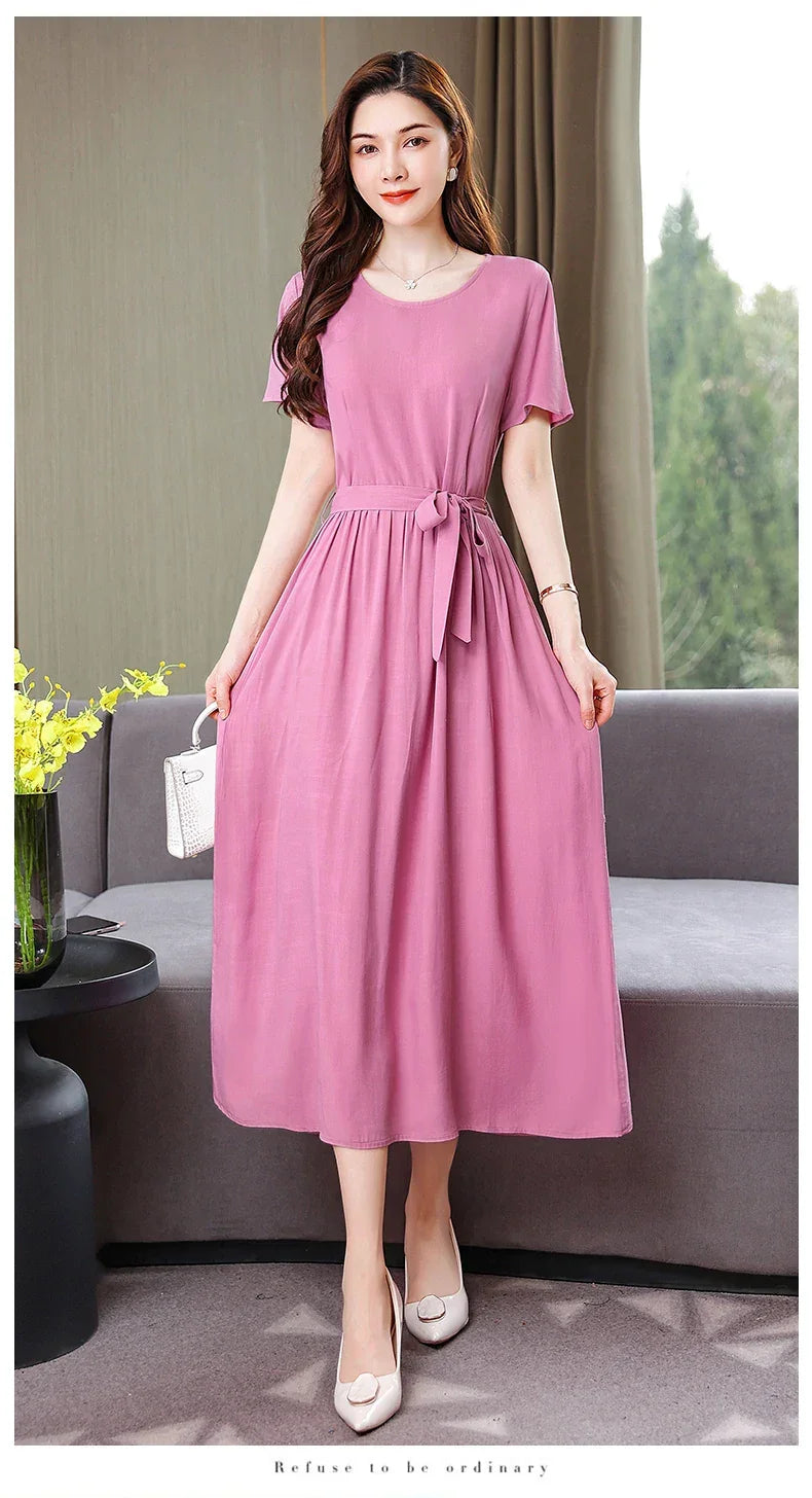 New Fashion Summer Dresses For Women 2025 Elegant Casual Short Sleeve Midi Dress Soild Colour Women Clothing