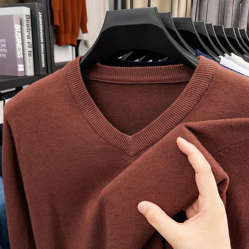 New Sweatwear Men's V Neck Basic Solid Color Sweaters Round Neck Elastic Pullovers Warm Autumn Knitted Oversized Sweater Men