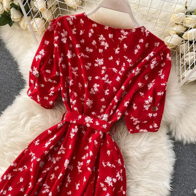 Korean Red elegant sexy Dress women Summer Autumn V-neck polka dot midi dress waist split dress vestidos de fiesta clothes