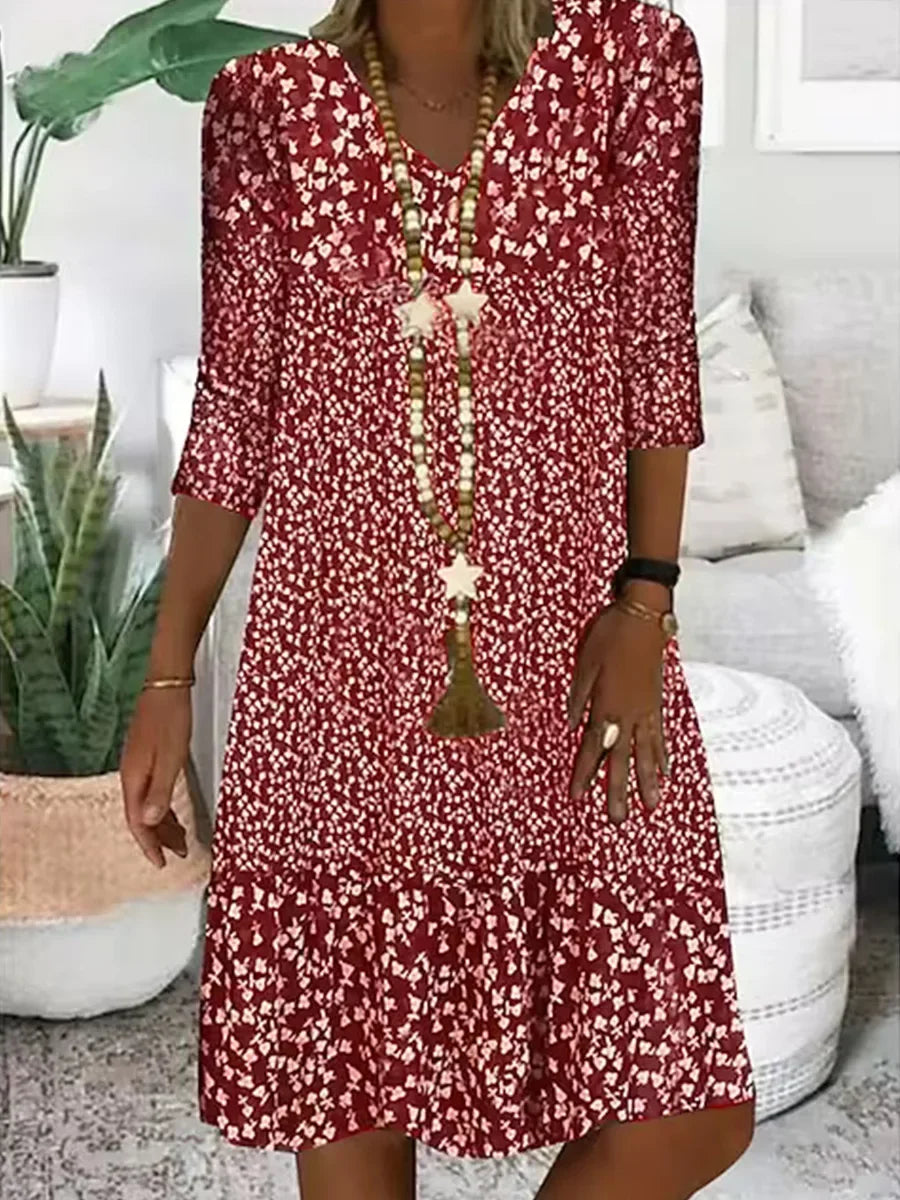 Summer Women Dress Print V-neck Loose Midi Casual Oversize Dresses Female Summer New Elegant Fashion Beach Ladies Clothes
