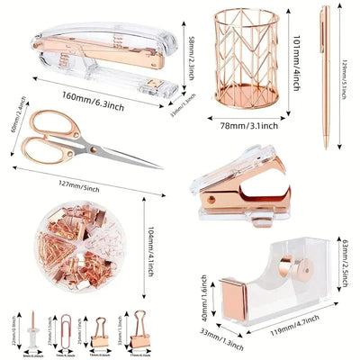 Complete Office Supplies Set -Acrylic Stapler Tape Holder Pen Holder Ballpoint Pens Scissors Binder Paper Clip Staples