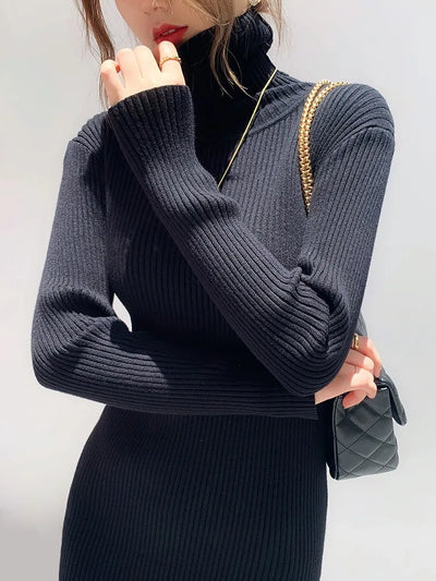 Fall Winter Turtleneck Slim Knit Dresses Women Casual Elegant Sweater Dress Korean Mid-length Soft Knitwear Vestidos Bottom Robe
