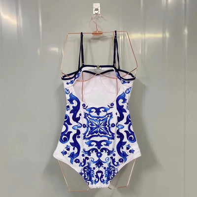 Fashion Design Women's Swimsuit Designer Brand Blue White Porcelain One-piece Beach Swimwear