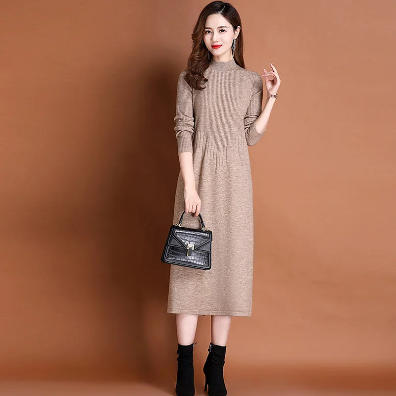Knitted Sweater Dress for Women in Autumn Winter New Style with Coat Half Turtleneck Temperament Bottoming A-line Skirt Trendy