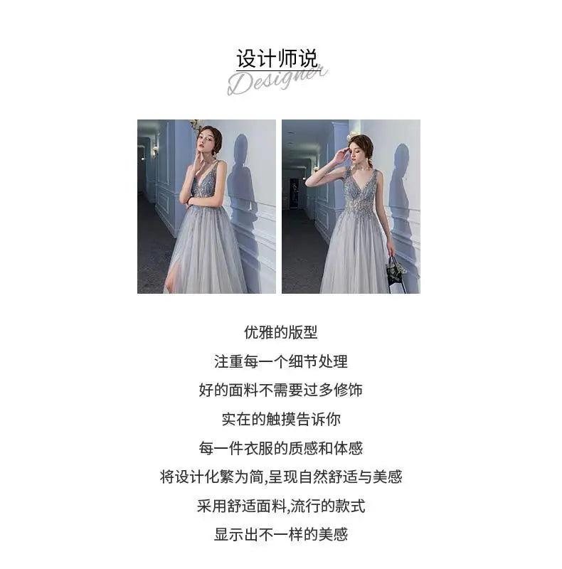 Women’s evening dresses sexy v-neck luxury formal party gown backless beads sequins tulle side split banquet dress