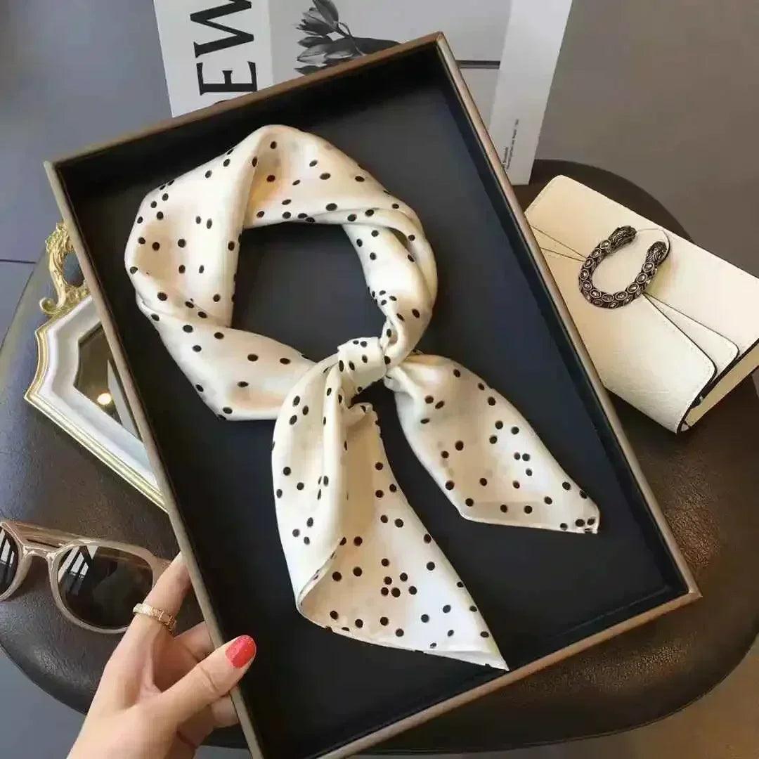 Women’s elegant white black polka dot design satin 70cm silk scarves 100% mulberry