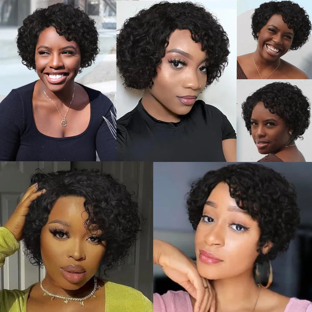 Short Curly Human Hair Wigs for Black Women Pixie Curly Bob Wig Glueless Side Part Kinky Curly Deep Curly Human Hair No Lace Wig