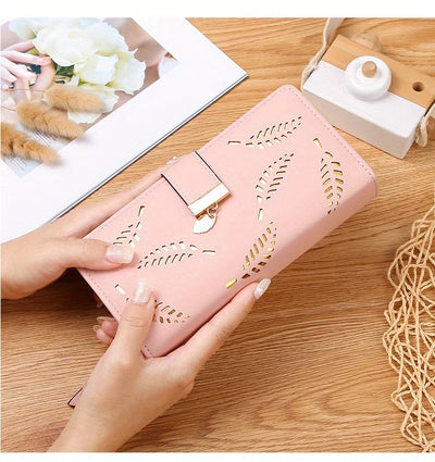 Elegant Women's Wallet With Hollowed-Out Leaf Design, Bifold Long Zippered Clutch, PU Leather Mobile Phone Bag Card Coin Purse