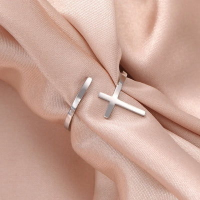 Cazador Christian Cross Open Rings for Women Stainless Steel Christian Jewelry Adjustable Finger Rings Birthday Valentine Gift