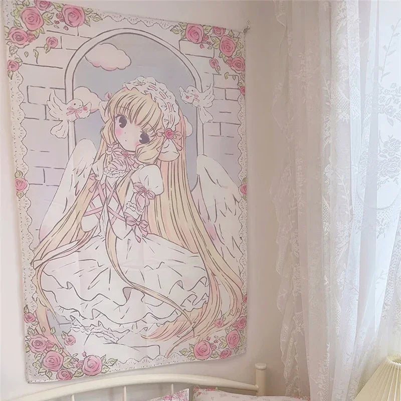 Cute Anime Girl Tapestry Background Cloth Home Decor Kawaii Girl's Room Decorating Items Cartoon Wall Hanging Pink Tapestry
