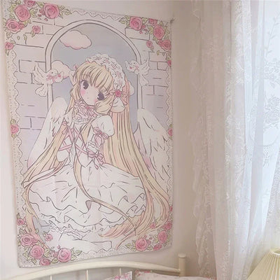 Cute Anime Girl Tapestry Background Cloth Home Decor Kawaii Girl's Room Decorating Items Cartoon Wall Hanging Pink Tapestry