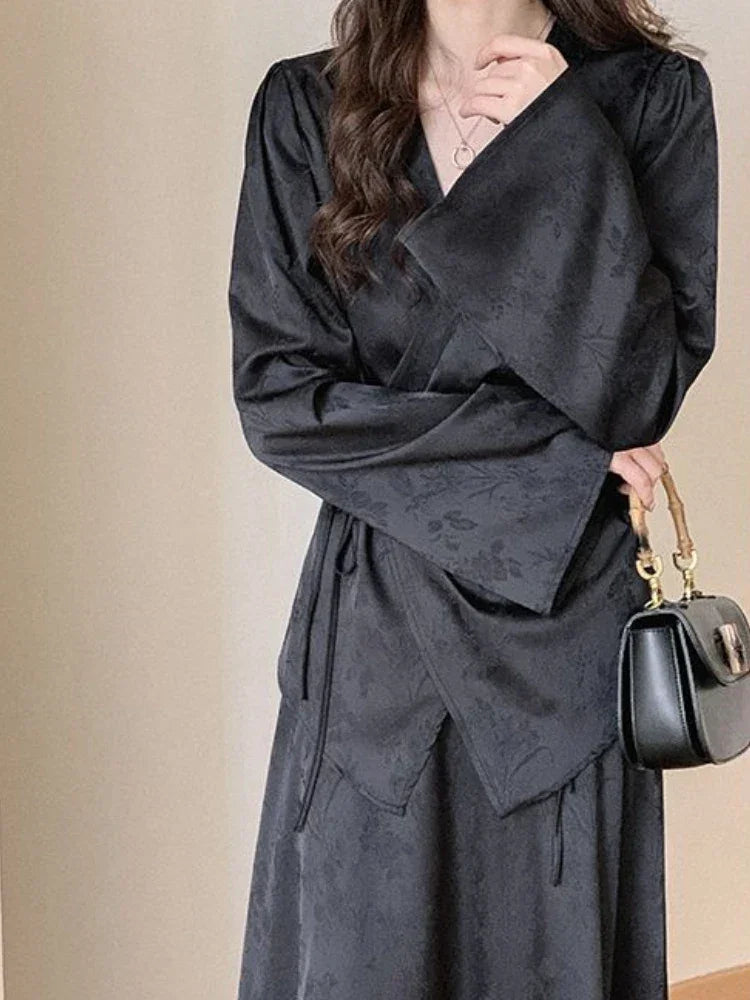 Black Dresses Women Long Sleeve Slim Fit Design Spring Temper Chineses Chic All-match Vintage Fashion Ladies High Waist Vestido