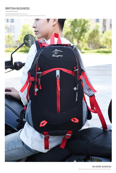 Fashionable and Wear-Resistant Outdoor Travel Backpack, Black and Red Contrasting Color Large-Capacity Mountaineering Bag with Waterproof Cover