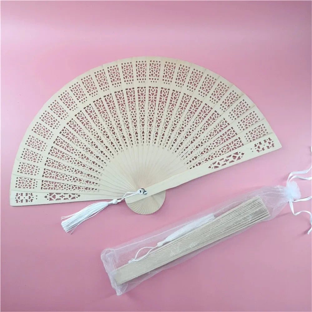 Folding Hand Fans Fashionable Engraved Women Elegant Wood Gifts Fan With Bags Tassels Wedding Mariage Festival Party Dance Props