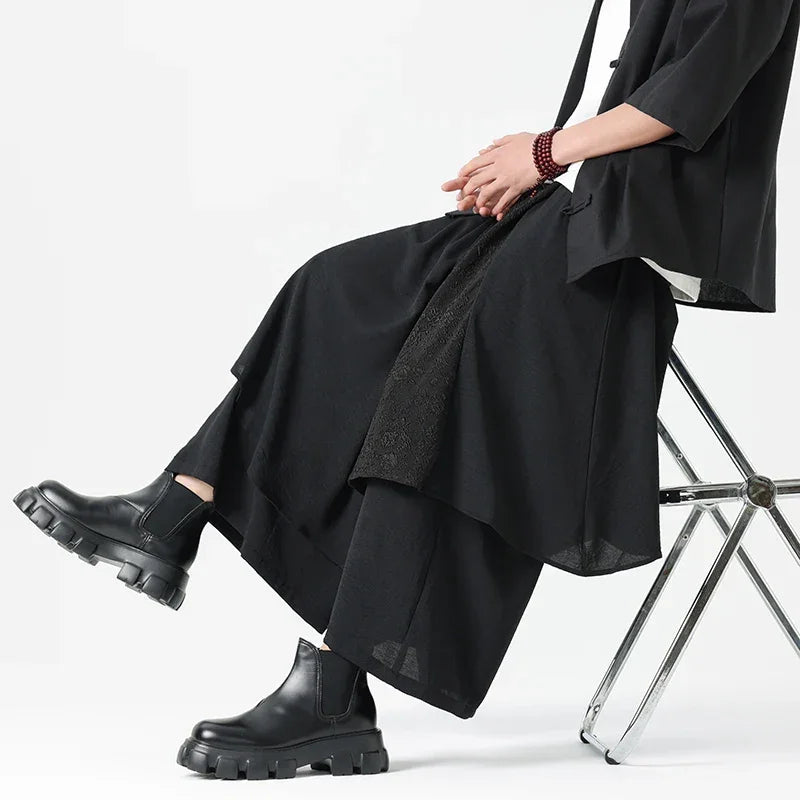 Men's Wide Leg Fashion Pants Pleated Elastic Waist Designer Tie Side Wrap Trousers Summer Streetwear Chinese Japanese Type Pants