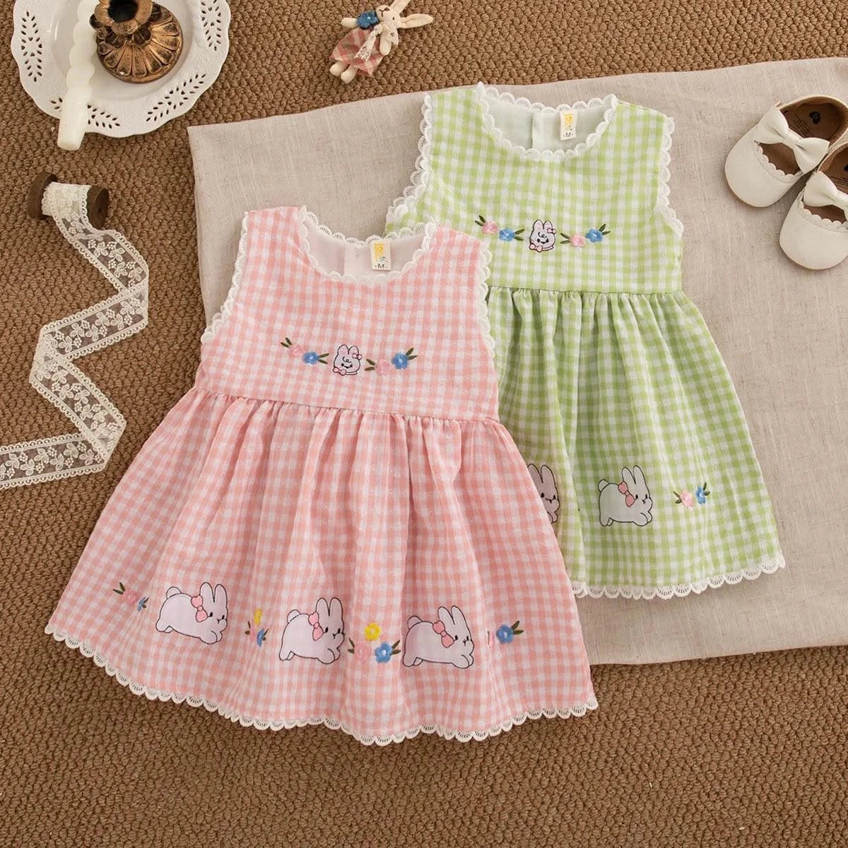 Cute Rabbit Simple Style Checkered Children's Sleeveless Clothes |Baby Girl Dress, Summer (9 Months -4 Years Old)