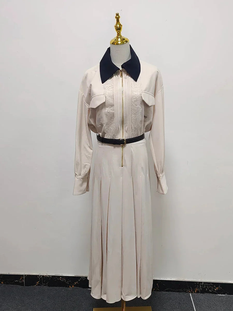 VGH Designer Slimming Hit Color Spliced Belt Long Dresses For Women Lapel Long Sleeve High Waist Temperament Dress Female New