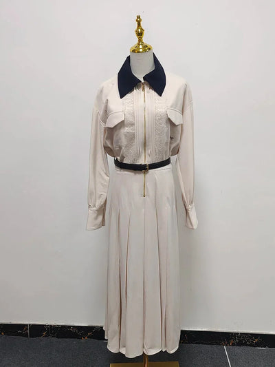 VGH Designer Slimming Hit Color Spliced Belt Long Dresses For Women Lapel Long Sleeve High Waist Temperament Dress Female New