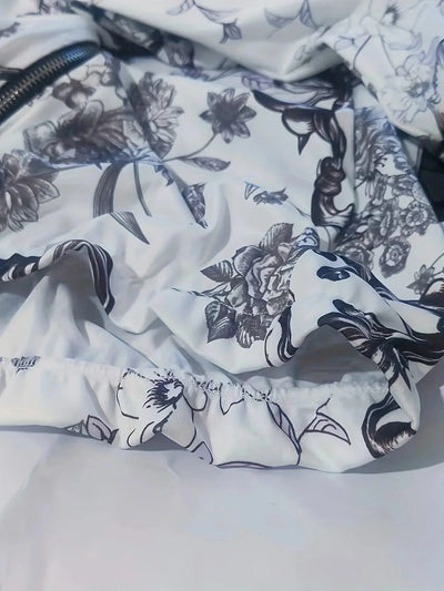 Women's Floral Print Bomber Jacket - Casual Zip Up Long Sleeve Outerwear