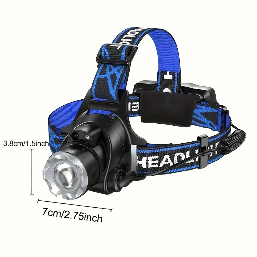 1 headlamp, USB rechargeable, including two 1200mAh lithium batteries, suitable for hiking and camping
