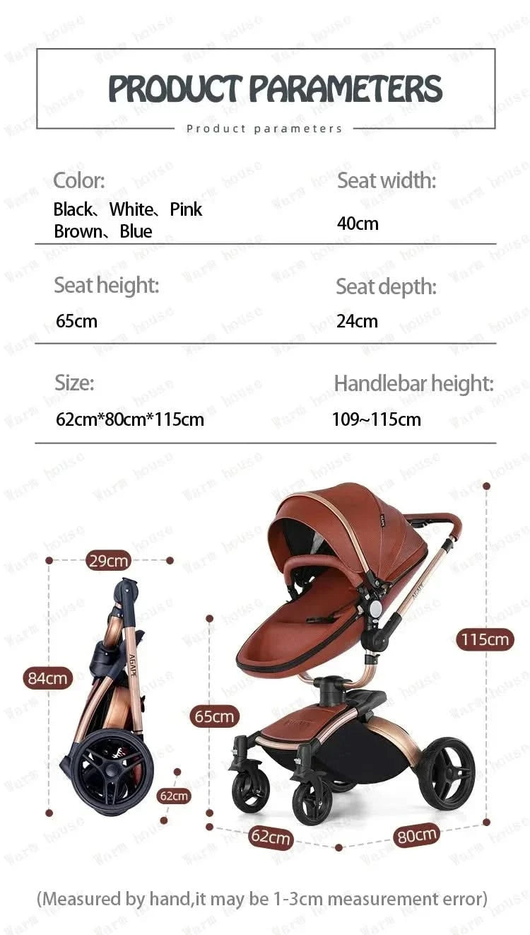 3-in-1 Luxury High-view Baby Stroller with Car Seat Foldable Newborn Baby Stroller PU Leather Two-way Baby Stroller