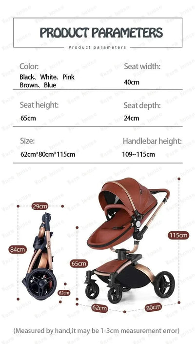3-in-1 Luxury High-view Baby Stroller with Car Seat Foldable Newborn Baby Stroller PU Leather Two-way Baby Stroller