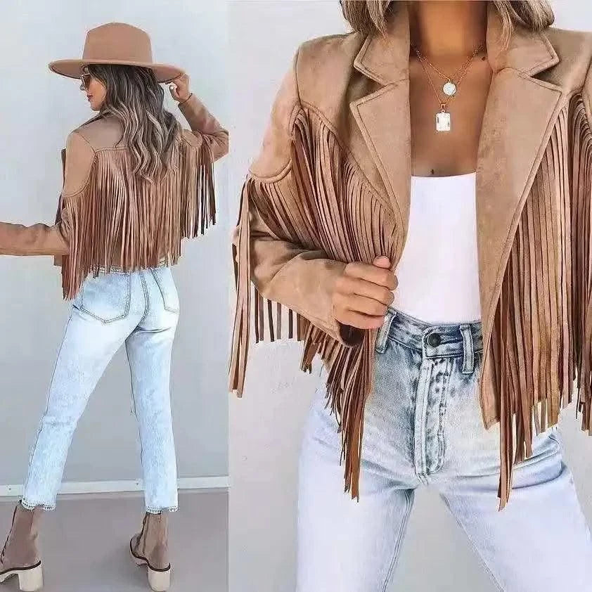 Fringed Bomber Jacket Women Long Sleeve Turn-down Collar