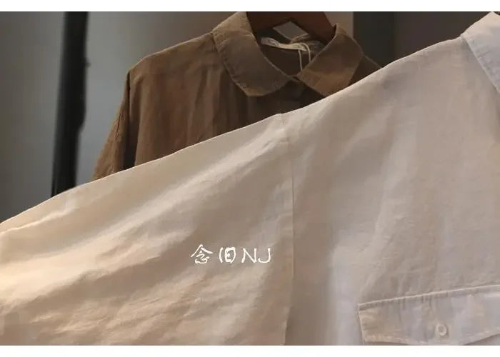 Cotton Linen Women Medium-Length White Polo Shirt