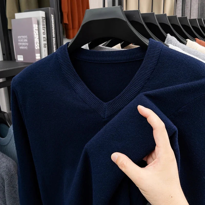 New Sweatwear Men's V Neck Basic Solid Color Sweaters Round Neck Elastic Pullovers Warm Autumn Knitted Oversized Sweater Men