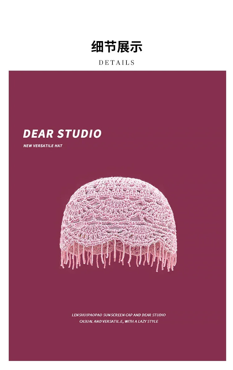 Personalized Beaded Fringed Knitted Beanies for Women Summer Autumn Thin Hollow Versatile Casual Retro Ethnic Style Pullover Hat