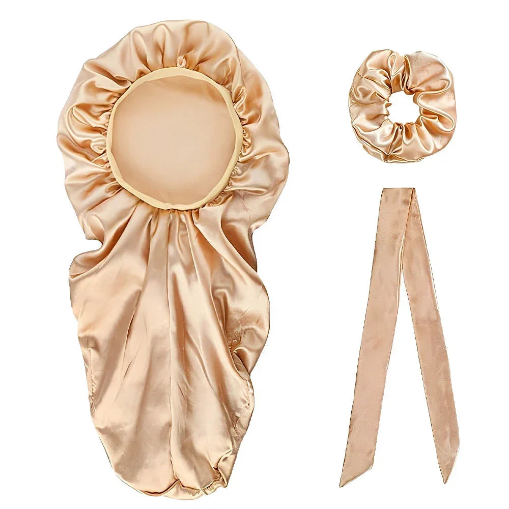 3pcs Long Bonnet Set Long Bonnet Satin Bonnet Silk Bonnet Extra Large Bonnets Silk Hair Bonnet long streamer nightcap