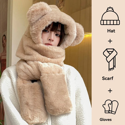 Winter Warm Plush Fleece 3-in-1 Bear Ear Hooded Cap Scarf Gloves Set Windproof Outdoor Accessories for Cold Weather
