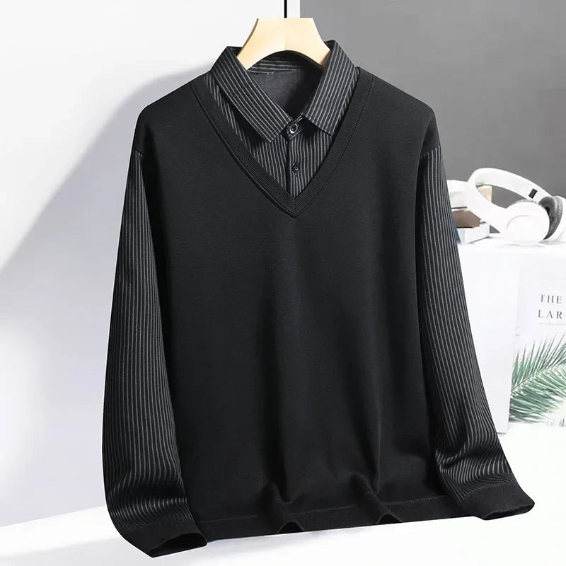 Men's Polo Shirts Spring Autumn Blouse Shirt Fake Two Pieces Pullovers Man Clothing Shirt Collar Business Casual Male T-shirts