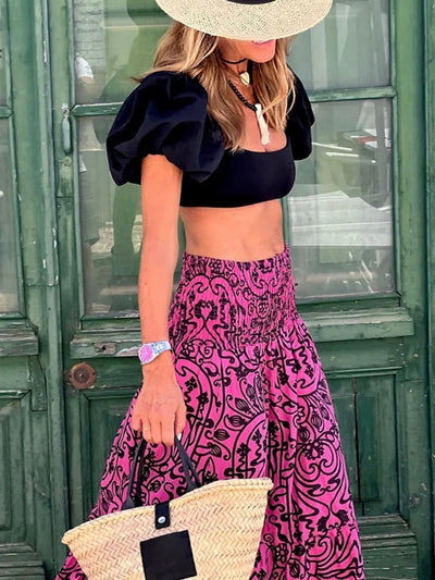 Fashion Skirts for Women Flower Printing Long Skirt Elastic Waist Elegant Clothing  Casual Loose