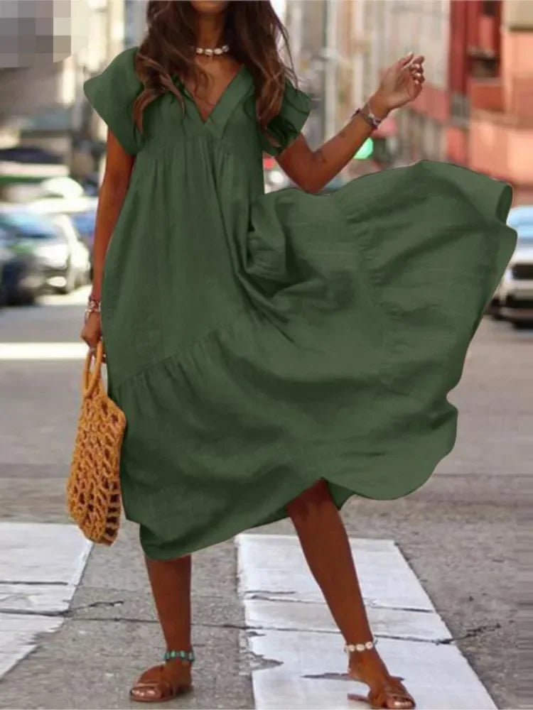 Cotton Linen Sexy V-neck Short Dress Summer New Women's Solid Color Multi-color Casual Loose Short Sleeved Mid Length Dress