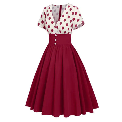Polka Dot Women Summer Dresses Hepburn Style V-Neck Short Sleeve Vintage Print Patchwork Party Dress Casual A-Line