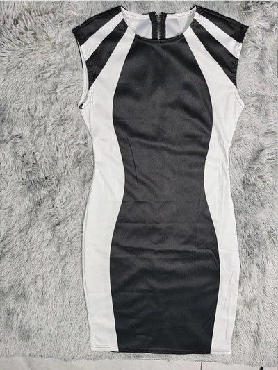 2025 Summer Women's Dresses Fashion Elegant Colorblock Round Neck Sleeveless Casual Bodycon Mini Daily Dress for Female