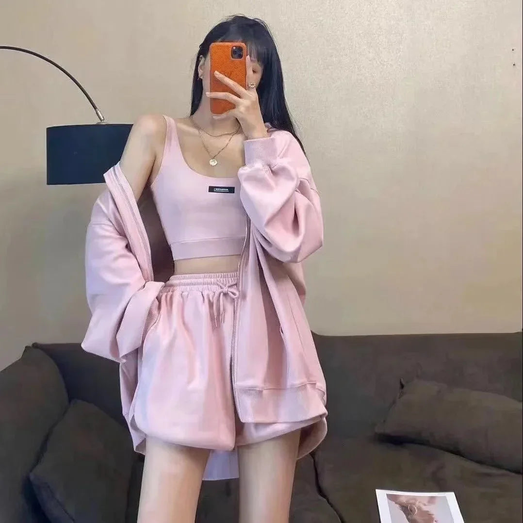 Shorts Three 3 Piece Sets Women Casual Vest Drawstring Short Hooded Zipper Jacket Sportswear Suits Y2k Streetwear Sports Hoodies