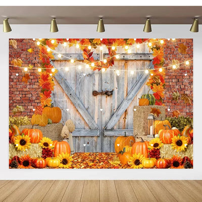 Autumn Thanksgiving Party Photo Backdrop Farm Harvest Maple Leaves Sunflowers Scarecrow Pumpkin Backdrop Poster Studio Photozone