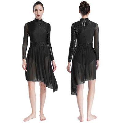 Women Modern Lyrical Dress Camisole Dance Costume Ballet Asymmetric High-Low Mesh Skirted Sleeveless Leotard Gymnastic Dancewear