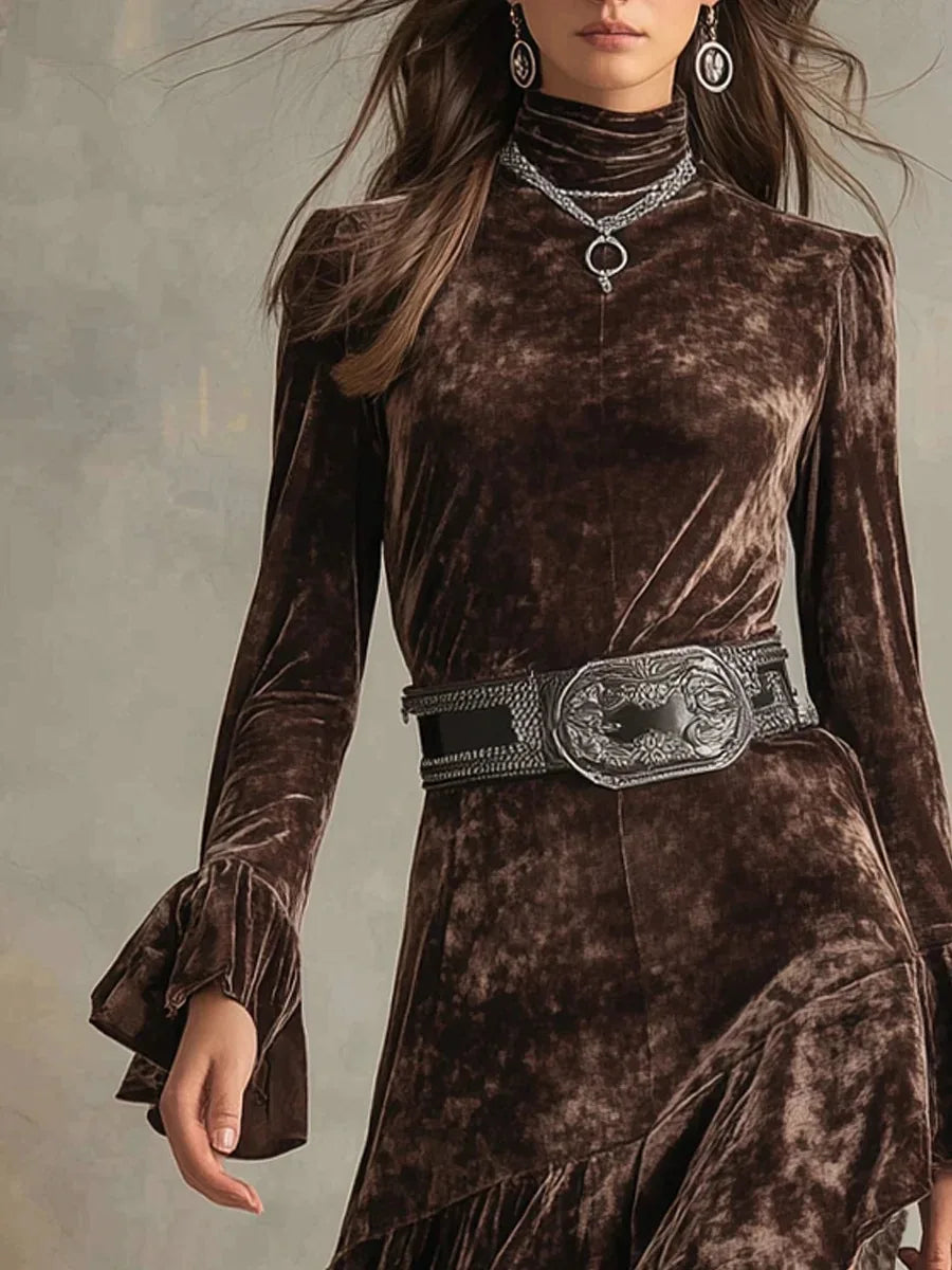 Elegant Solid Velvet Dress for Women Fashion Irregular Ruffle Hem Maxi Dress Casual Turtleneck Flared Sleeve Party Gown Dresses