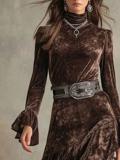 Elegant Solid Velvet Dress for Women Fashion Irregular Ruffle Hem Maxi Dress Casual Turtleneck Flared Sleeve Party Gown Dresses