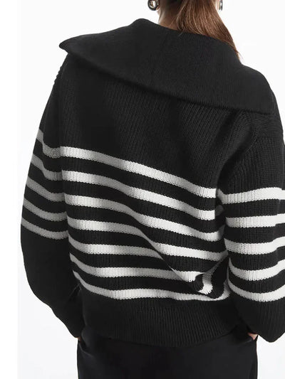 Oversize Fashion Women Sweaters 2025 Zip Thick Fall Loose Knit Jumper Turtleneck Turn-down Collar Casual Women's Striped Sweater