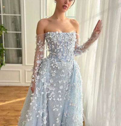 Elegant 3D Flower Evening Dress with Detachable Skirt 2025 Luxury Mermaid Long Sleeves Formal Prom Wedding Party Gown Customized