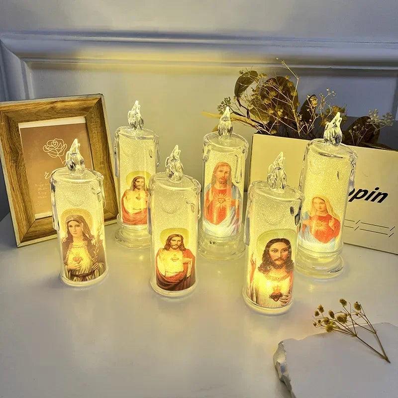 Led candle jesus virgin mary church prayer religious activities candlelight home decoration