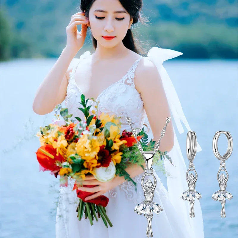 Beautful Elegant Women Jewelry Sets Pure 925 Sterling Silver Accessories For Women Romantic Gifts Pendant Necklace Hoop Earring