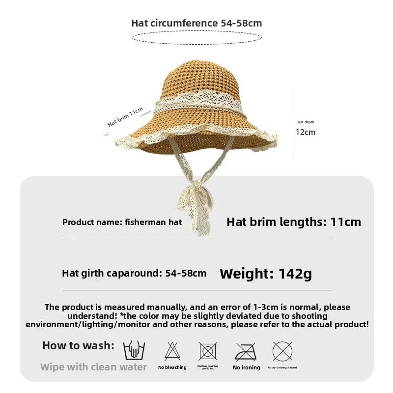 Sunscreen Hat for Women Summer Outdoor Sun Hat Large Brim French Lace Straw Hat Woven Vacation Beach Hat