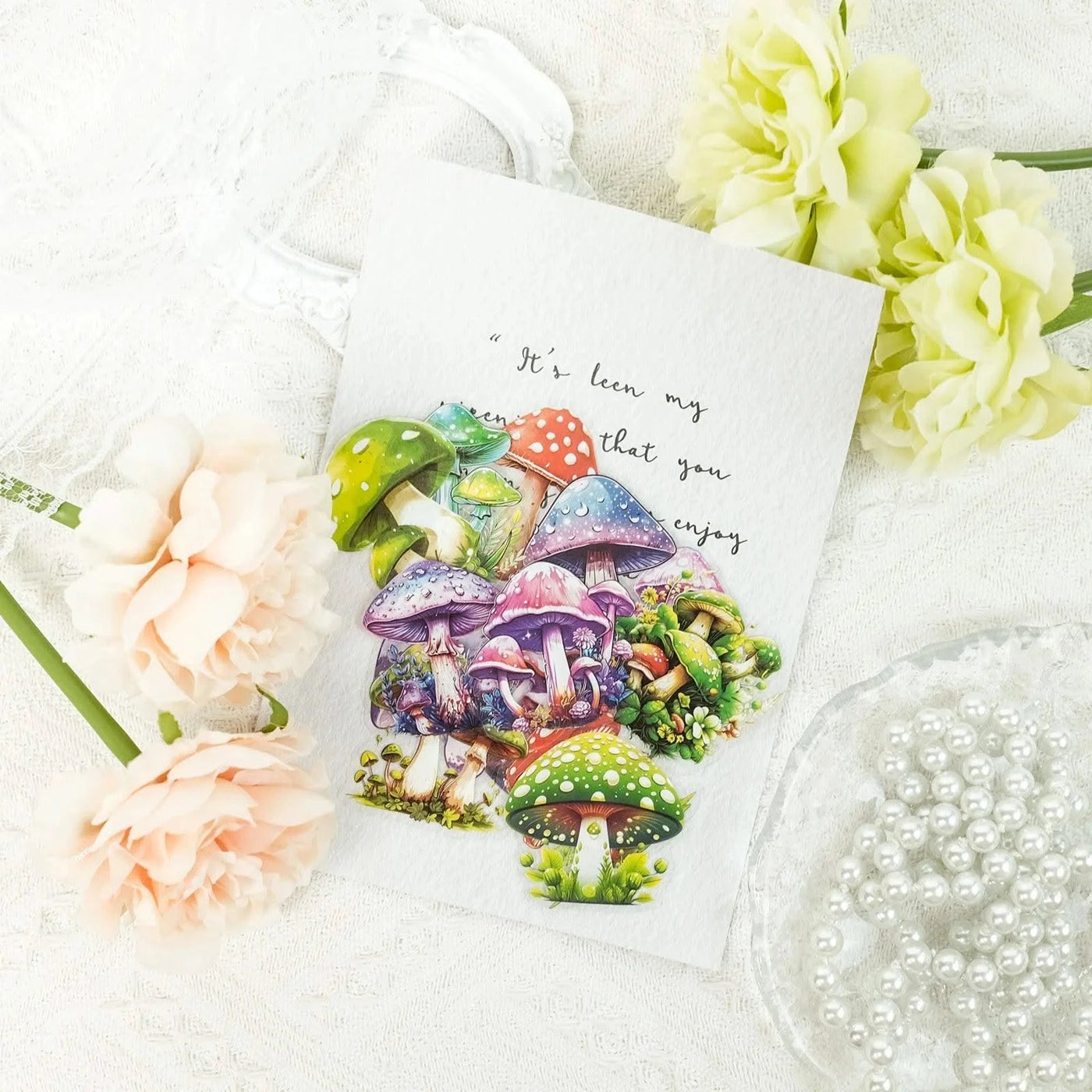 50 PCS Various Mushroom PET Stickers Creative Mushroom Theme Decorative Stickers Waterproof Retro Plant Mushroom Stickers