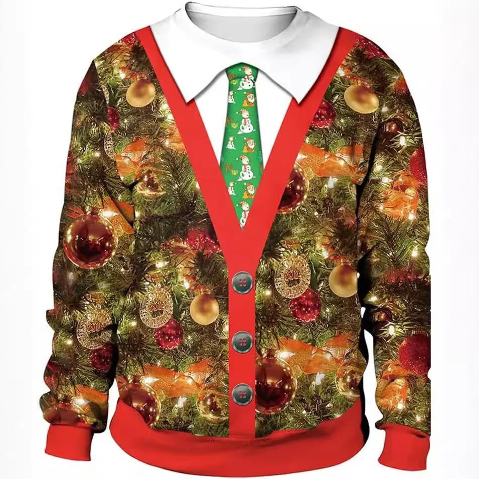 New Year Eve Xmas Sweatshirt 3D Novelty Print Holiday Party Jumper Top Unisex Pullover Reindeer Ugly Christmas Sweater Men Women